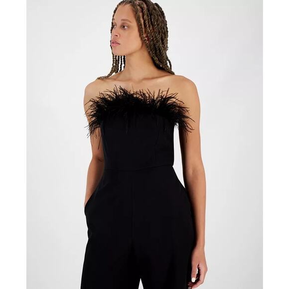 Sam Edelman Women's Black Strapless Feather-Trim Jumpsuit Size 14 Party Cocktail - Picture 2 of 13